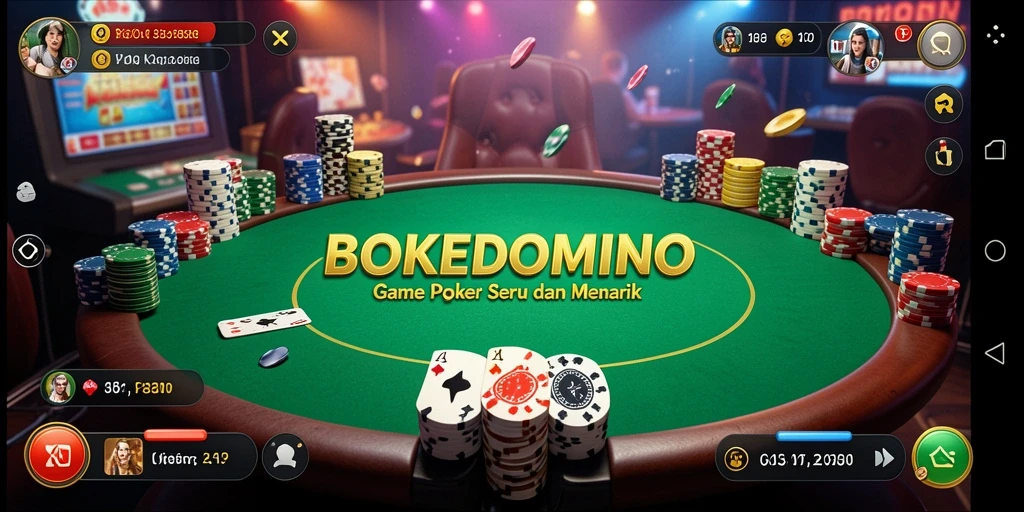 Screenshot gameplay BOKEDOMINO yang menggambarkan suasana permainan poker.