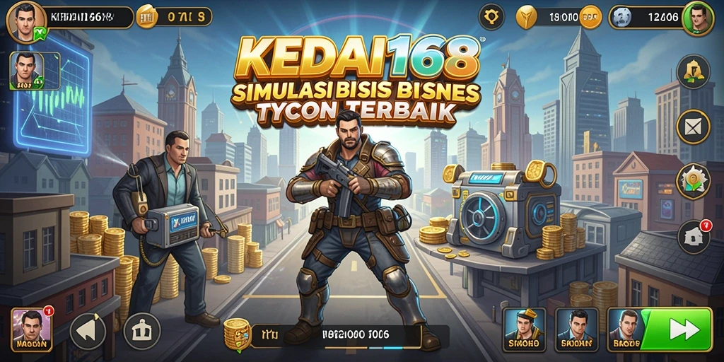 Screenshot KEDAI168 menampilkan kedai yang dikelola pemain dengan kebun yang indah.