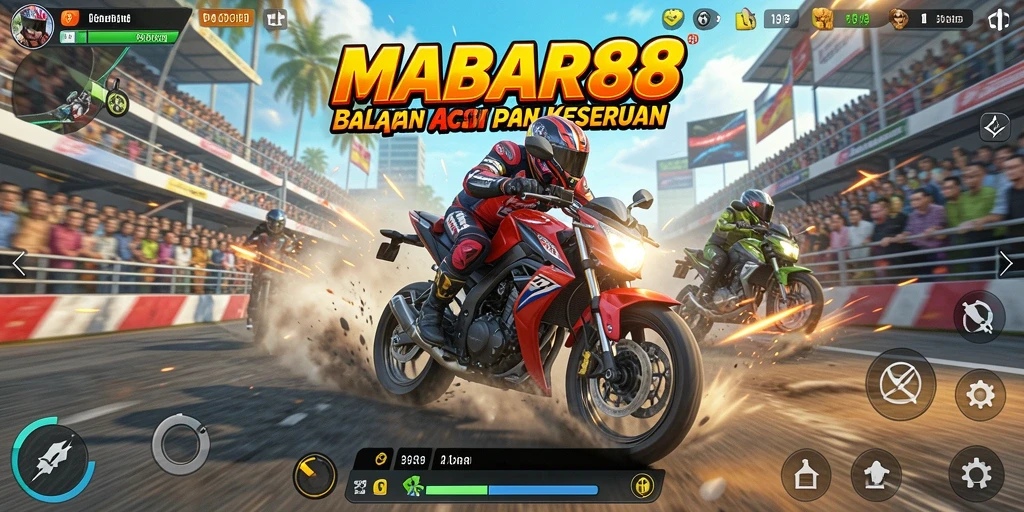 Gameplay seru MABAR88 dengan balapan motor yang menantang.